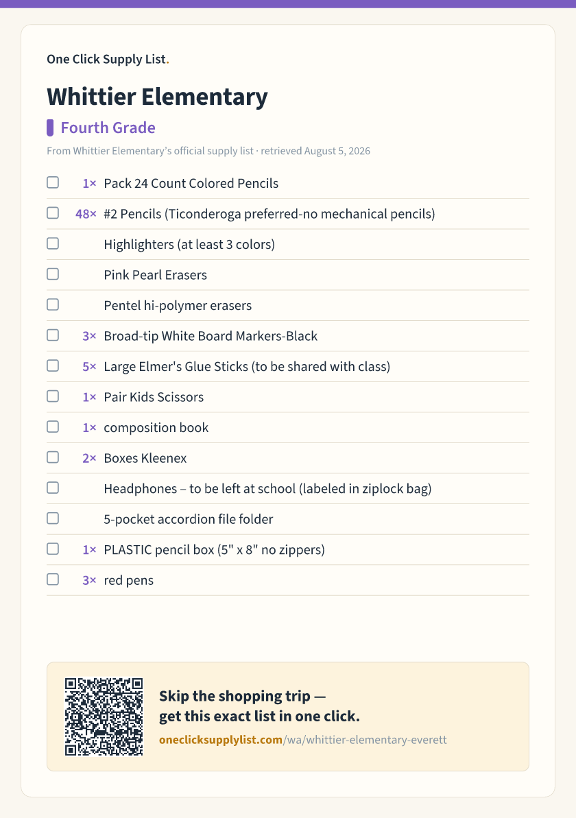 Whittier Elementary Fourth Grade supply list — printable image