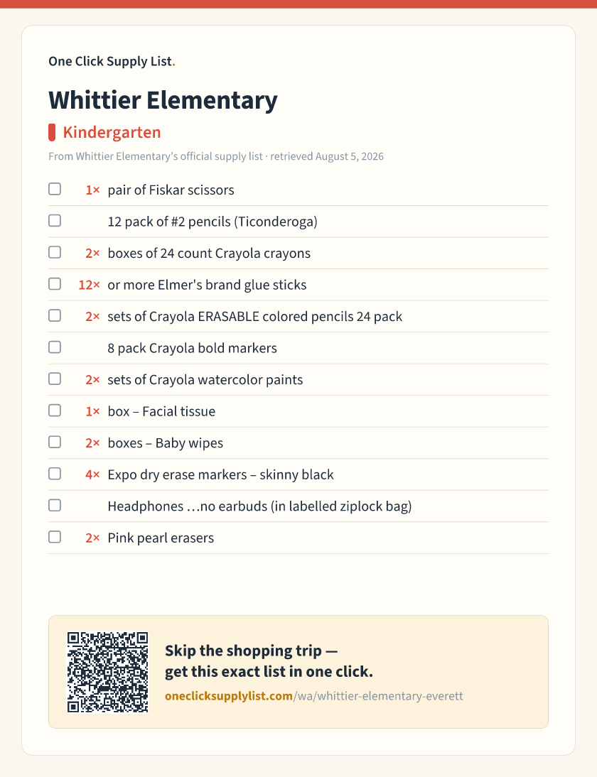 Whittier Elementary Kindergarten supply list — printable image