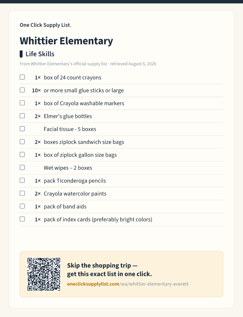 Whittier Elementary Life Skills supply list — printable image
