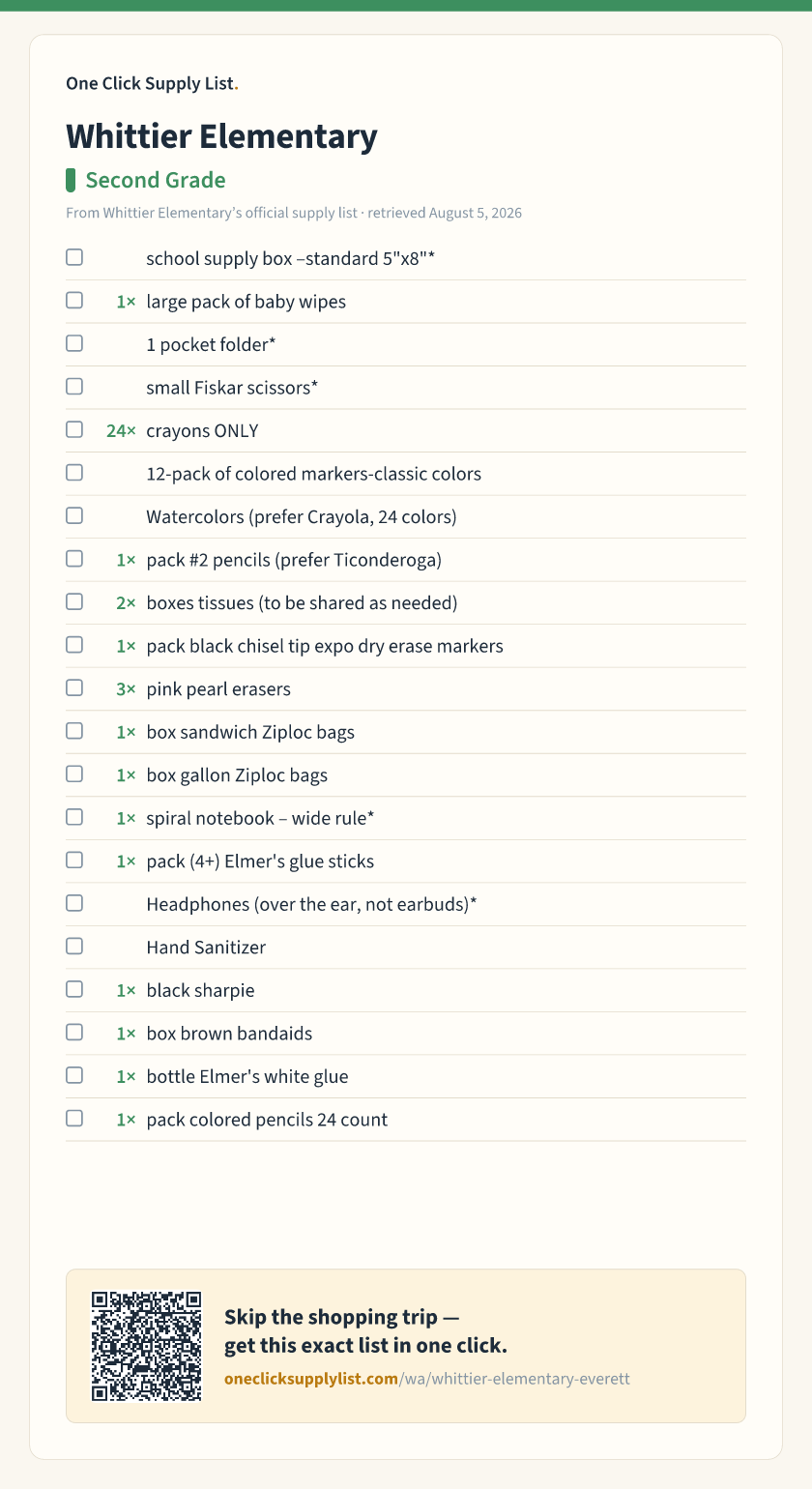 Whittier Elementary Second Grade supply list — printable image