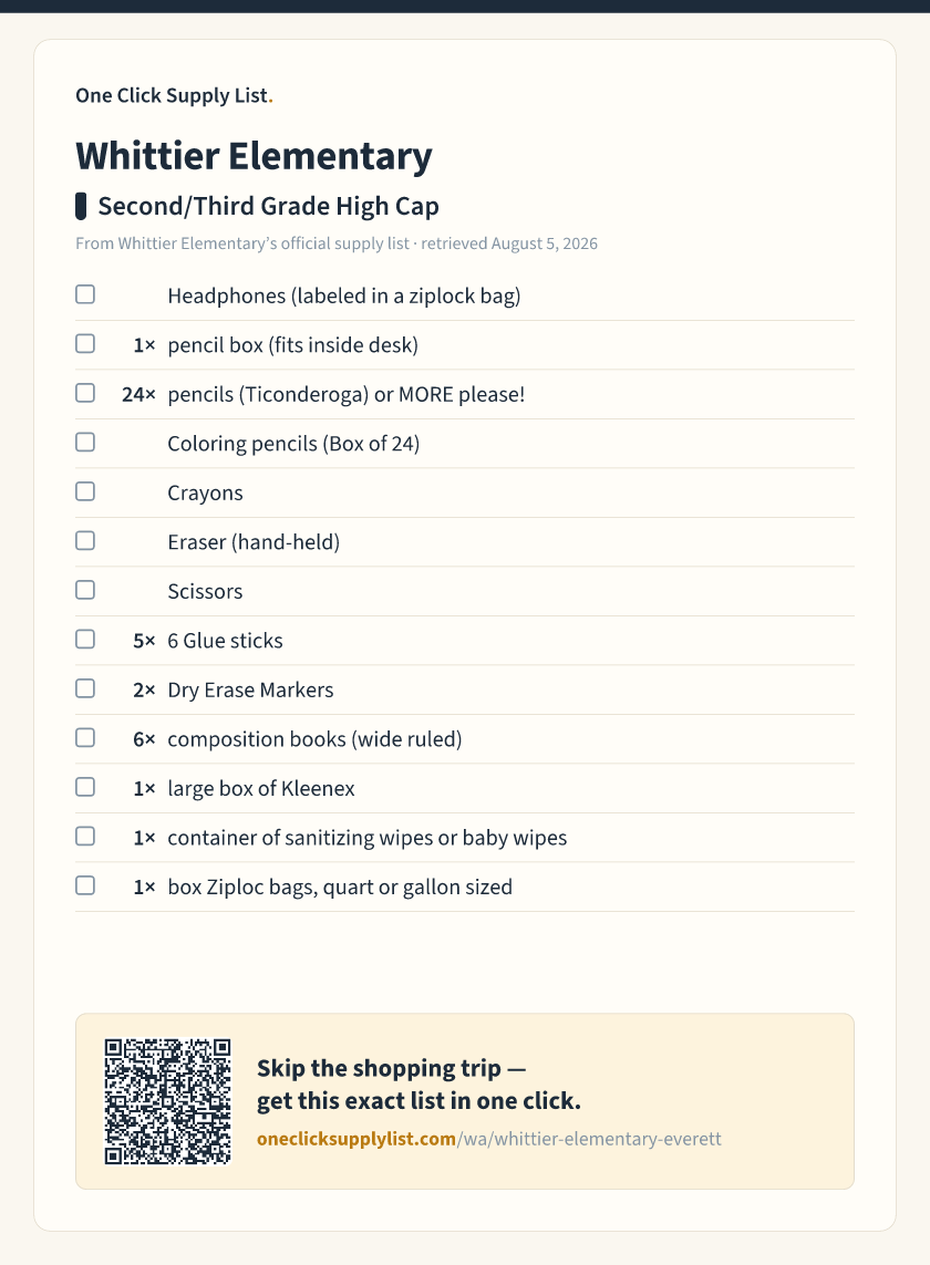 Whittier Elementary Second/Third Grade High Cap supply list — printable image