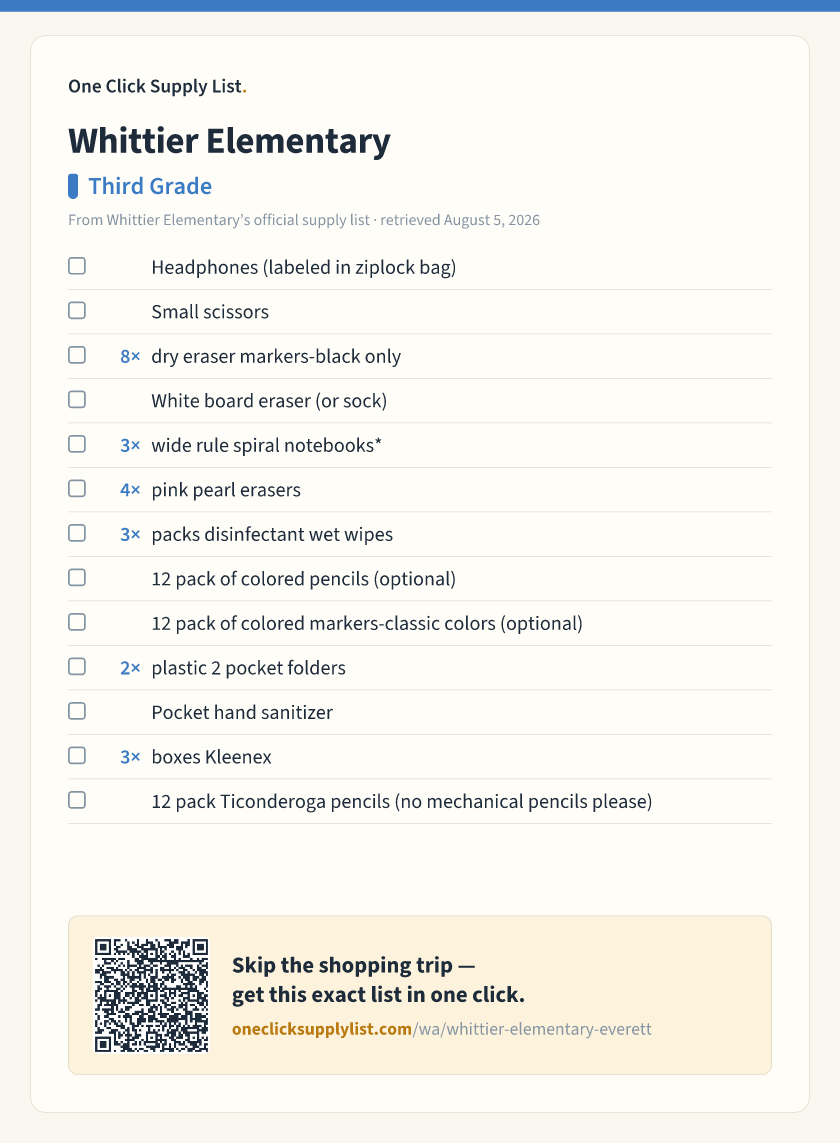 Whittier Elementary Third Grade supply list — printable image