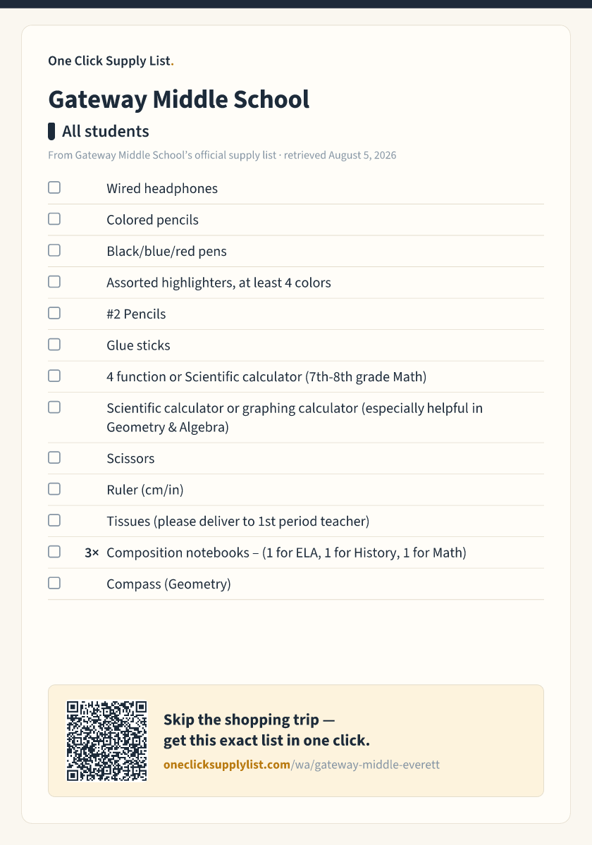 Gateway Middle School All students supply list — printable image
