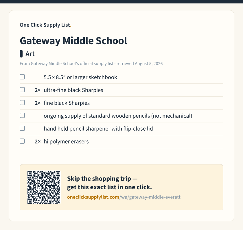 Gateway Middle School Art supply list — printable image