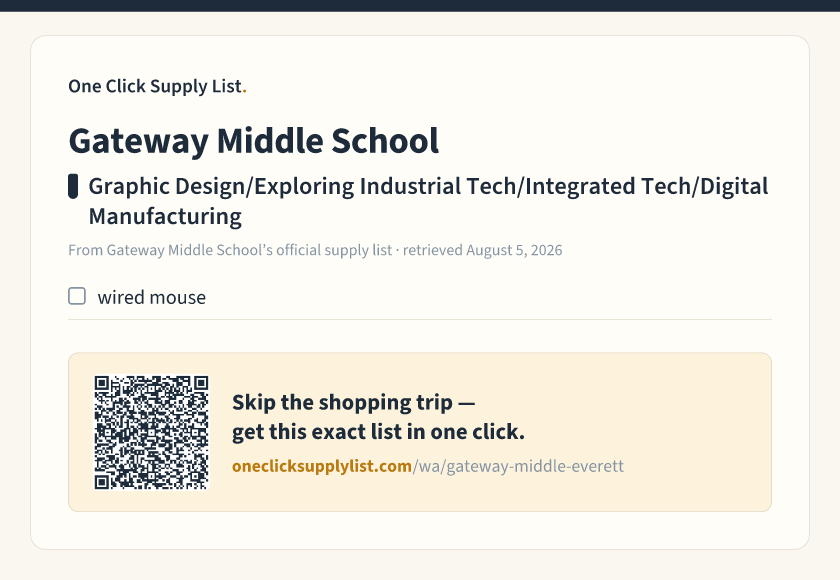 Gateway Middle School Graphic Design/Exploring Industrial Tech/Integrated Tech/Digital Manufacturing supply list — printable image