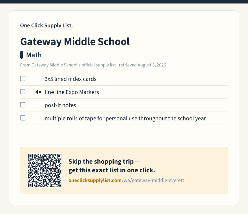 Gateway Middle School Math supply list — printable image