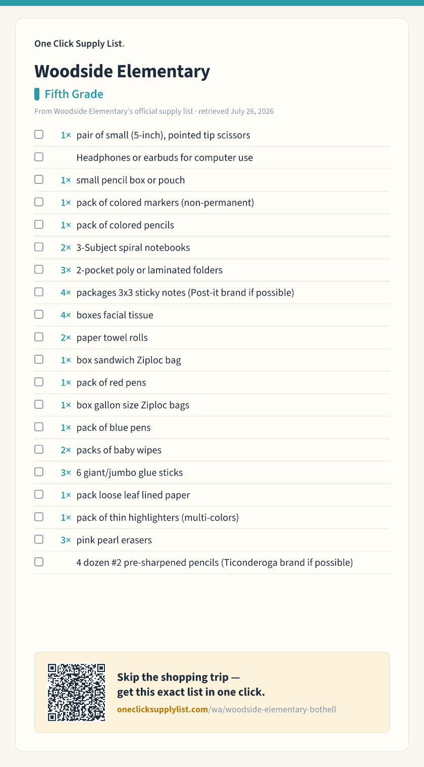 Woodside Elementary Fifth Grade supply list — printable image