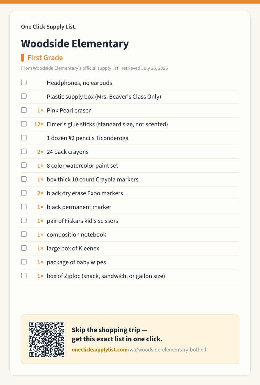 Woodside Elementary First Grade supply list — printable image