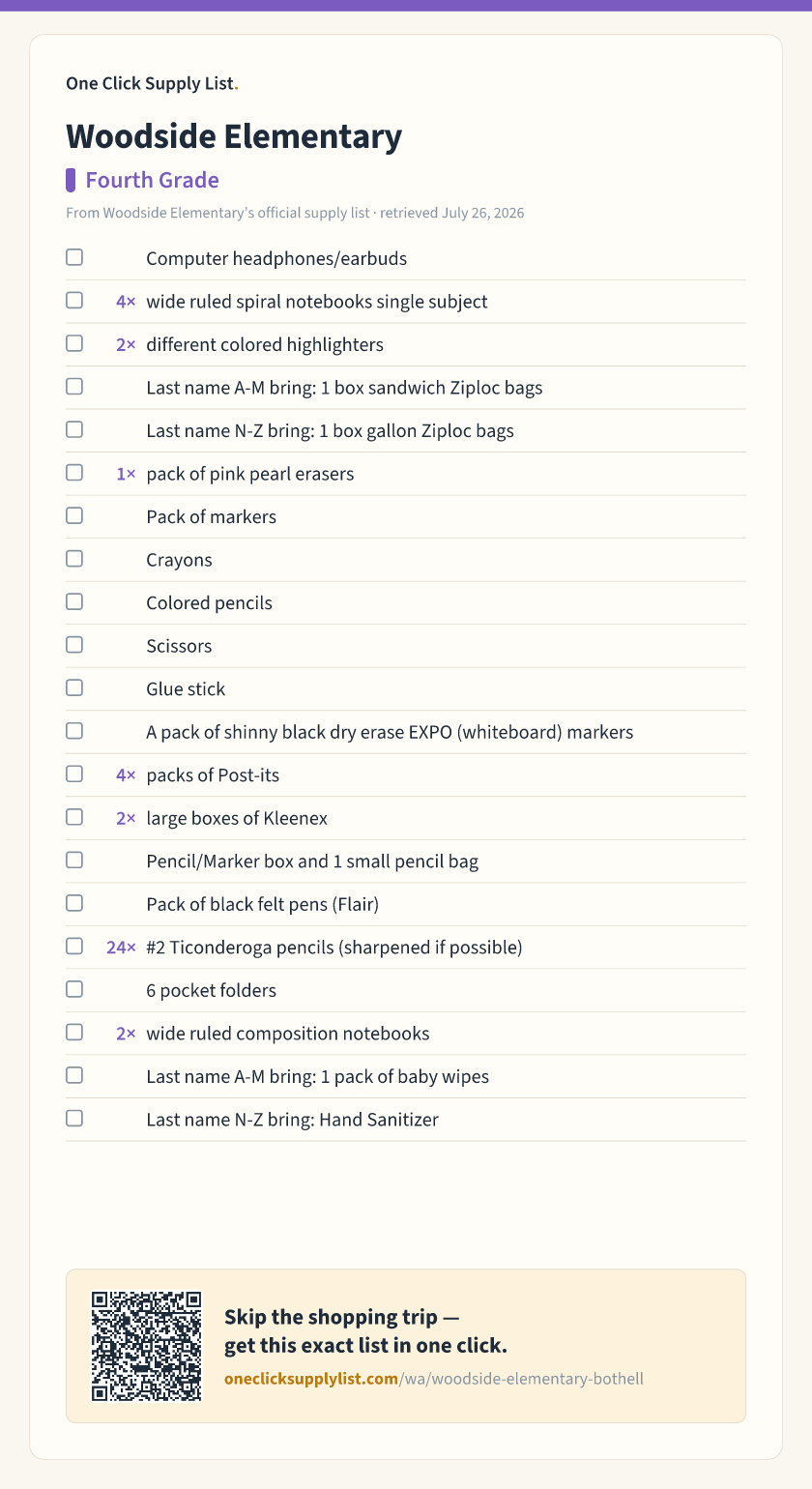 Woodside Elementary Fourth Grade supply list — printable image