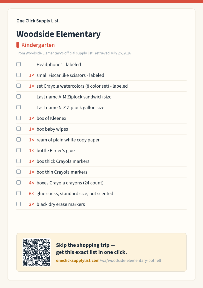 Woodside Elementary Kindergarten supply list — printable image