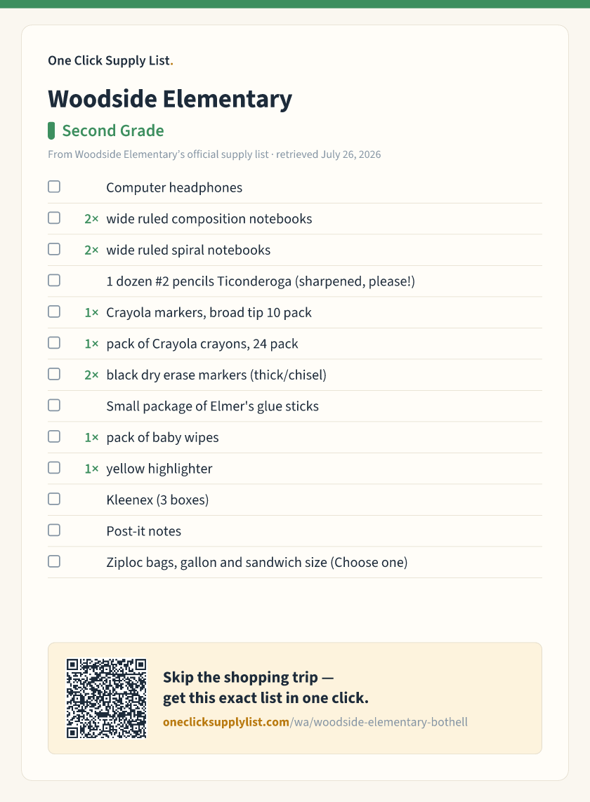 Woodside Elementary Second Grade supply list — printable image