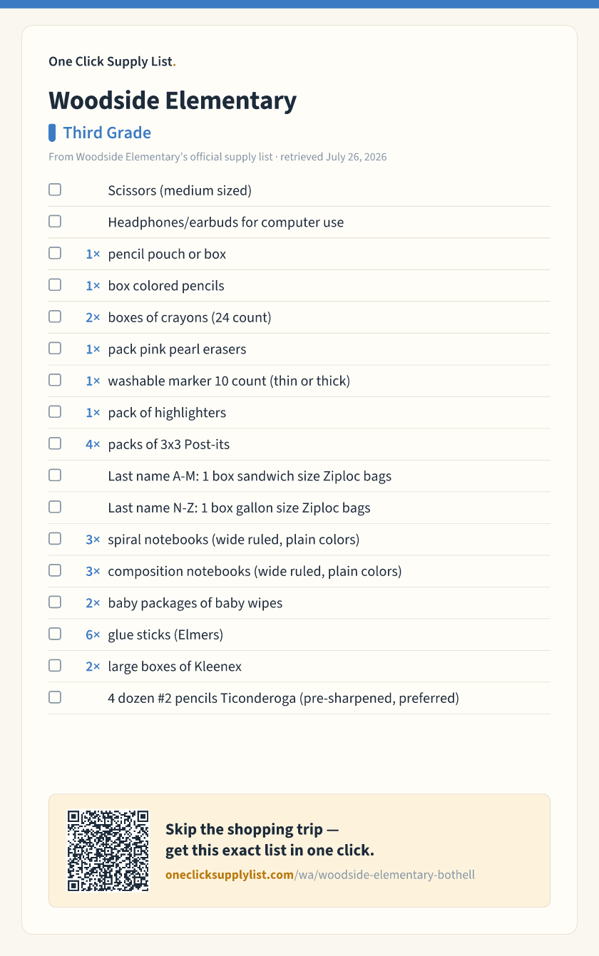 Woodside Elementary Third Grade supply list — printable image