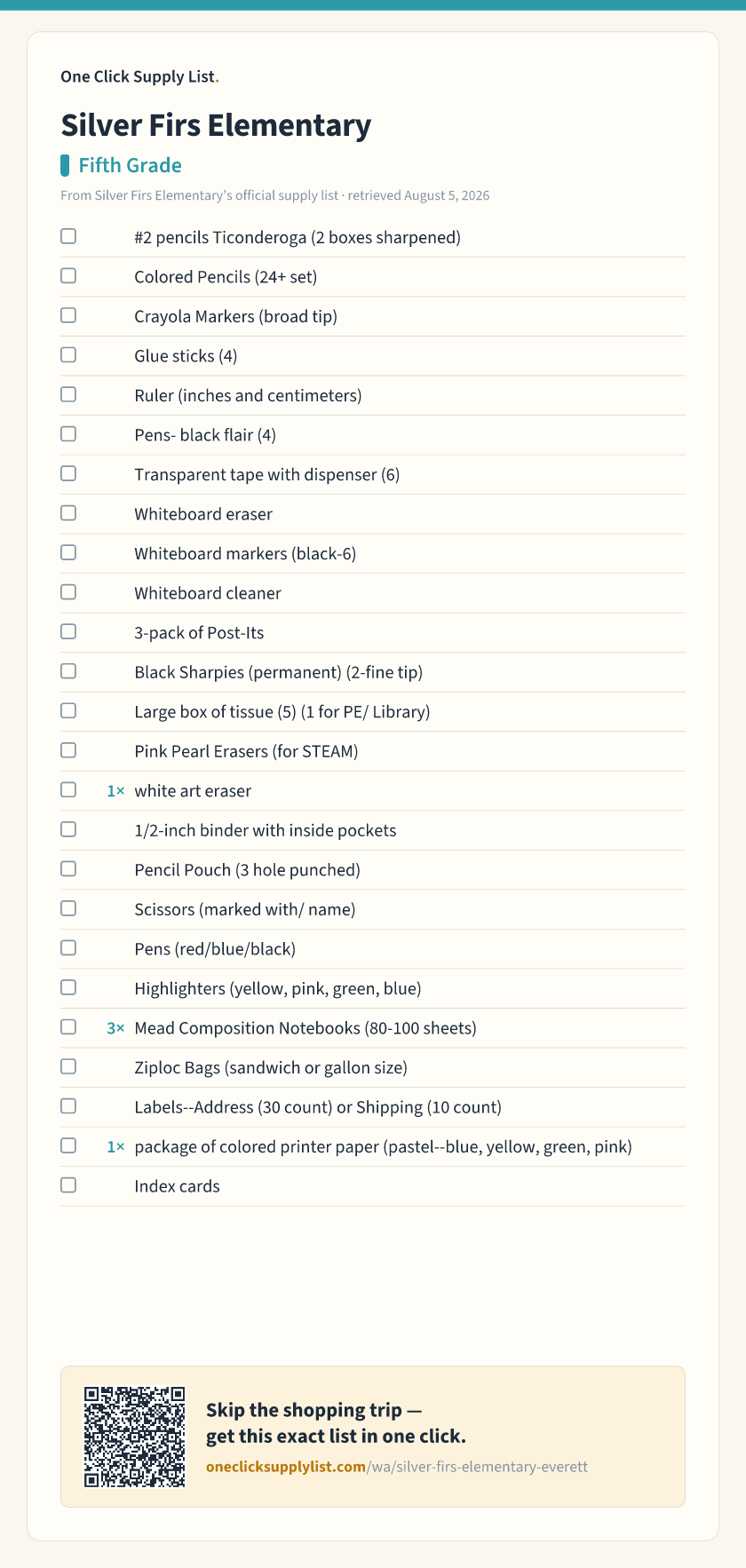 Silver Firs Elementary Fifth Grade supply list — printable image