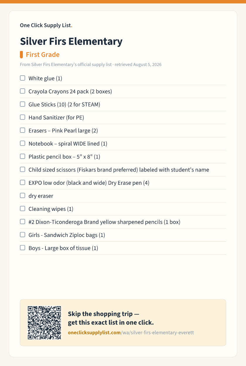 Silver Firs Elementary First Grade supply list — printable image