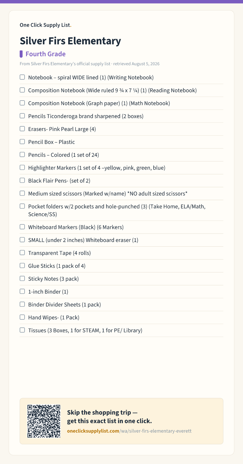 Silver Firs Elementary Fourth Grade supply list — printable image