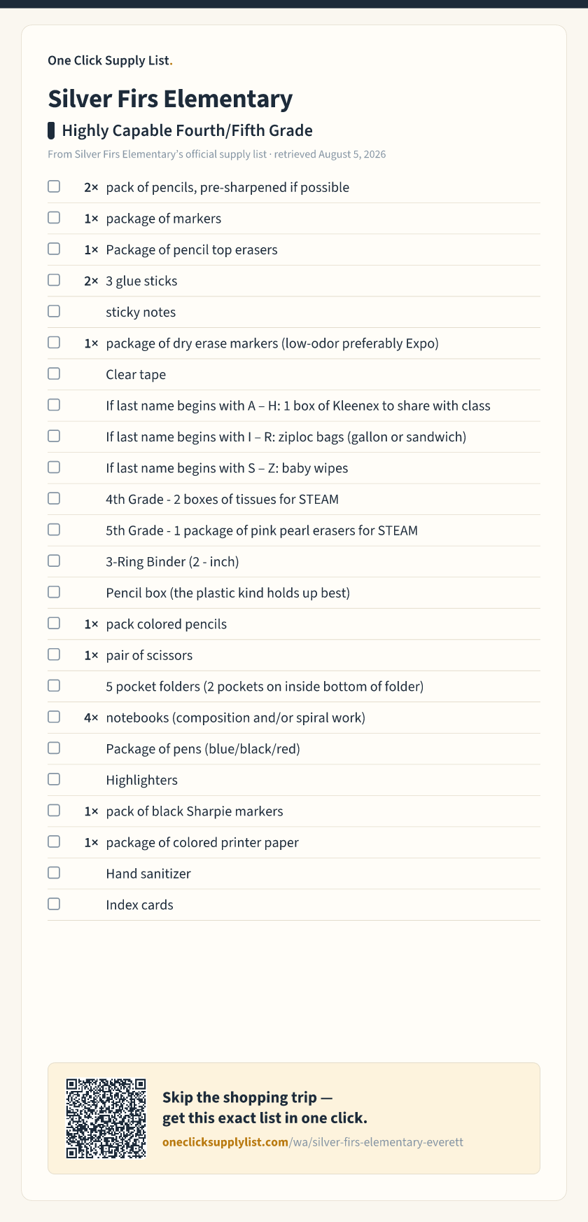 Silver Firs Elementary Highly Capable Fourth/Fifth Grade supply list — printable image