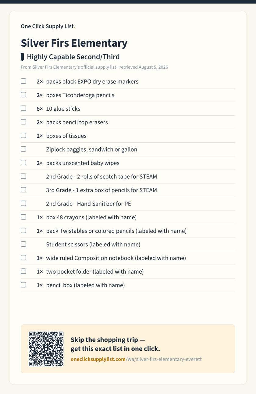 Silver Firs Elementary Highly Capable Second/Third supply list — printable image