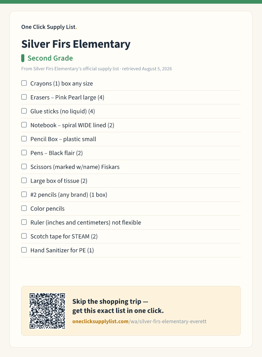 Silver Firs Elementary Second Grade supply list — printable image