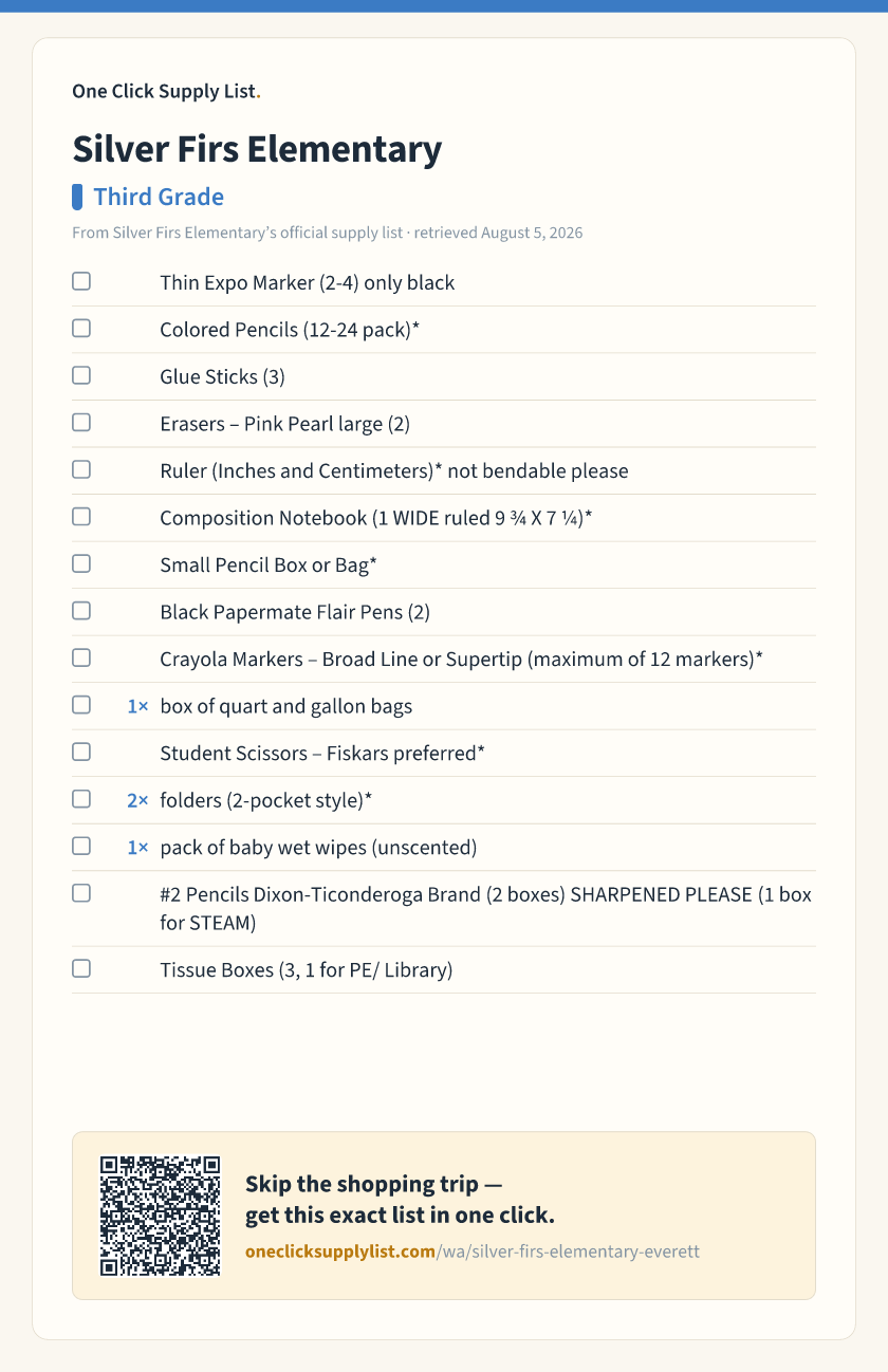 Silver Firs Elementary Third Grade supply list — printable image