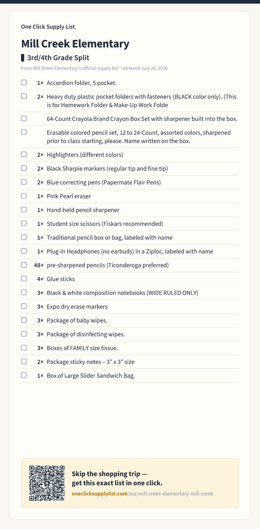 Mill Creek Elementary 3rd/4th Grade Split supply list — printable image