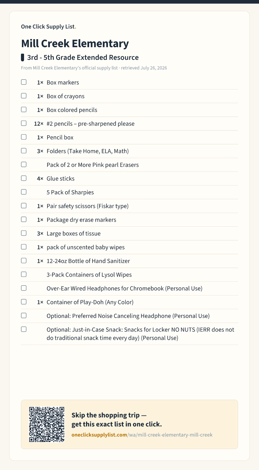 Mill Creek Elementary 3rd - 5th Grade Extended Resource supply list — printable image
