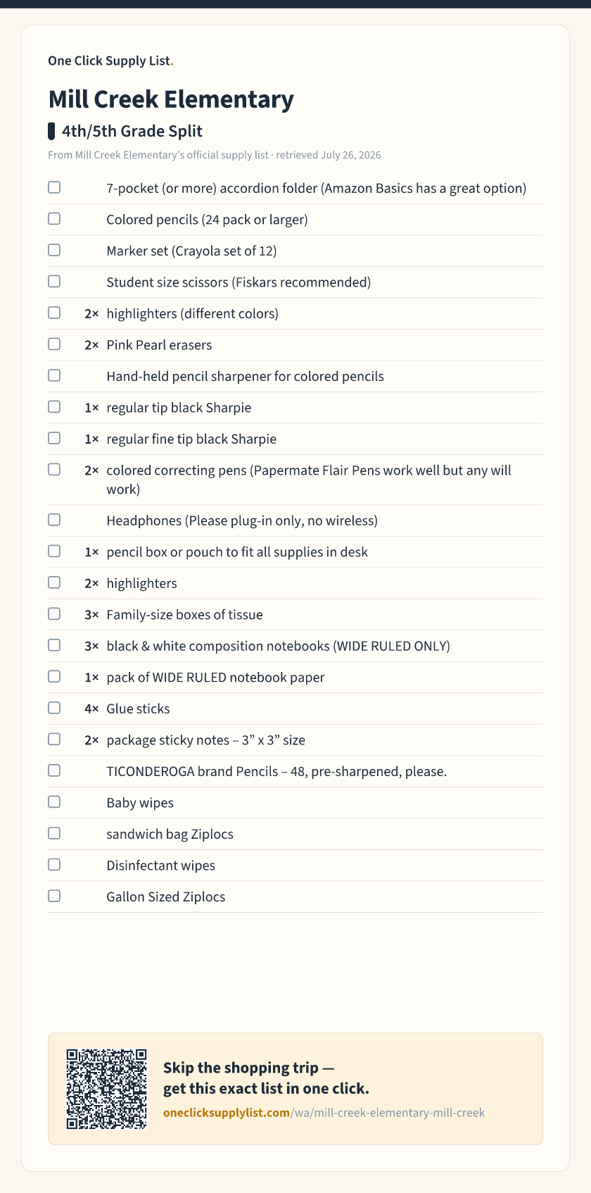 Mill Creek Elementary 4th/5th Grade Split supply list — printable image