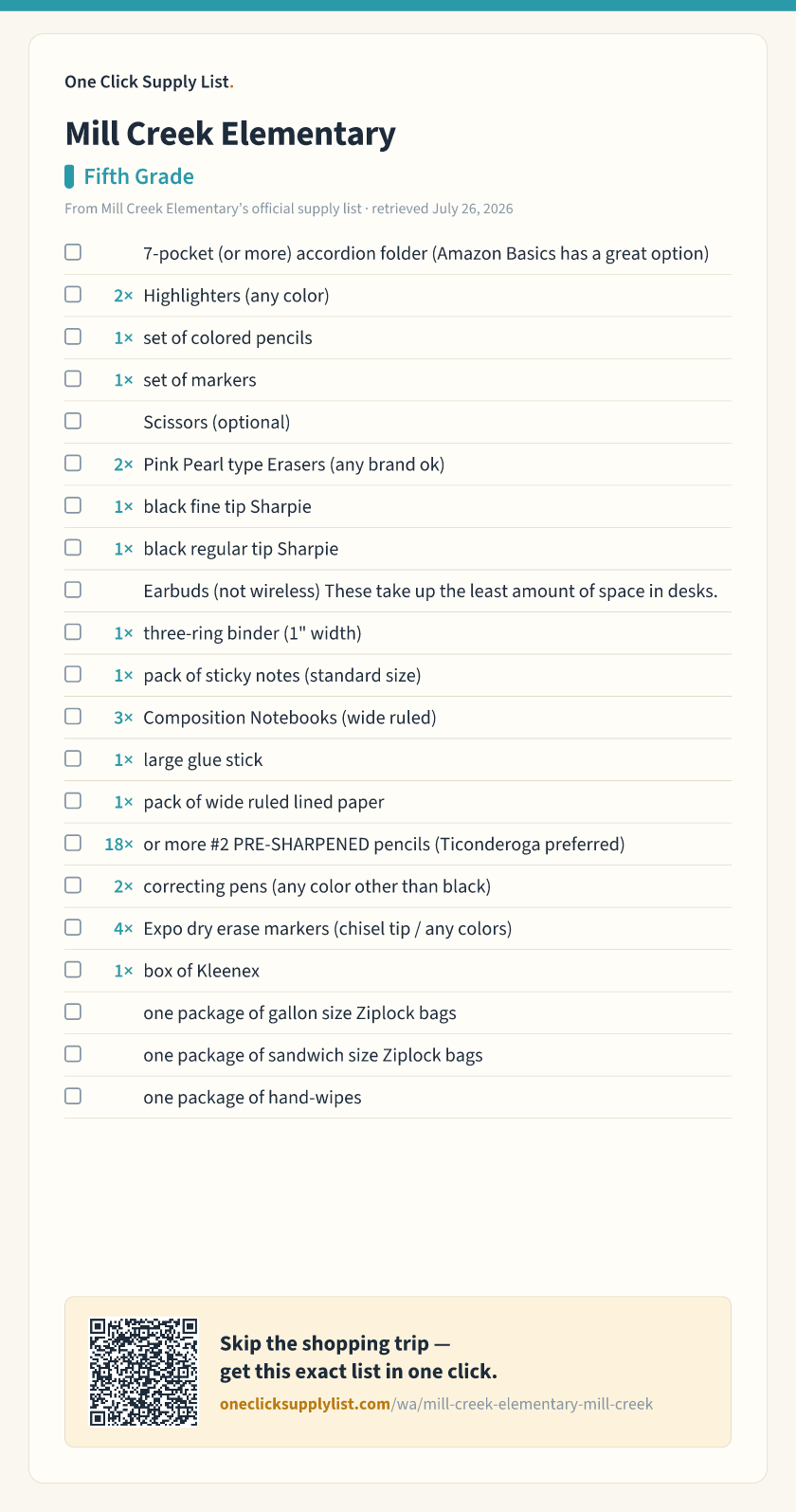 Mill Creek Elementary Fifth Grade supply list — printable image