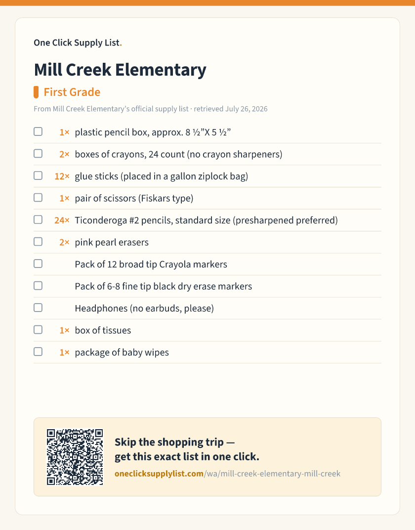Mill Creek Elementary First Grade supply list — printable image