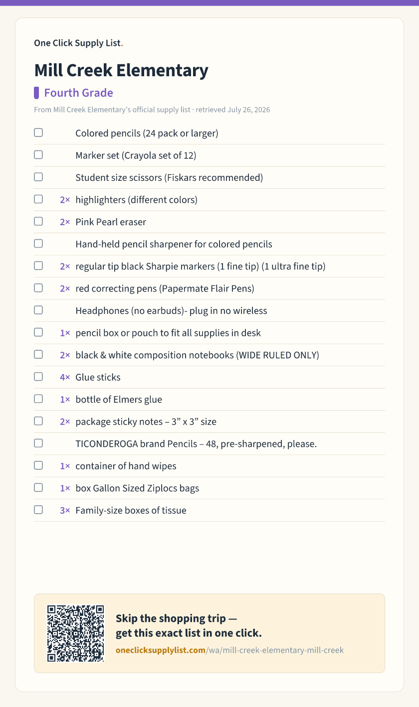 Mill Creek Elementary Fourth Grade supply list — printable image