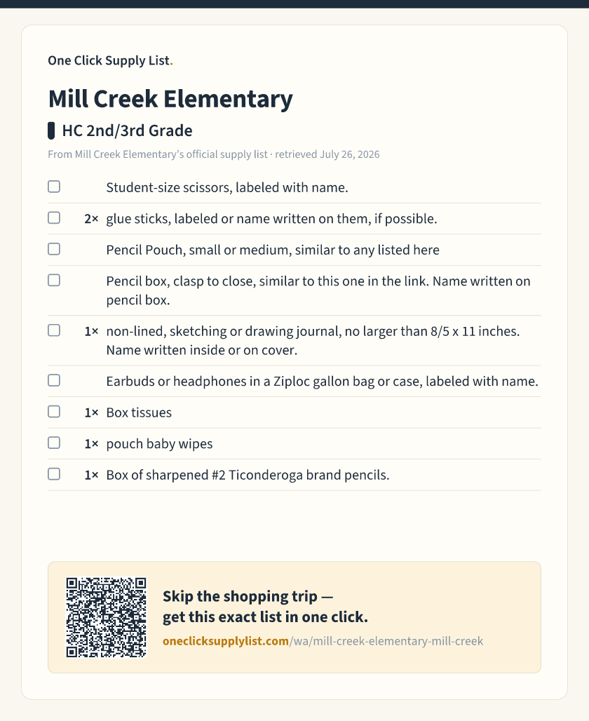Mill Creek Elementary HC 2nd/3rd Grade supply list — printable image