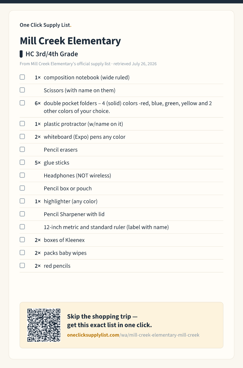 Mill Creek Elementary HC 3rd/4th Grade supply list — printable image