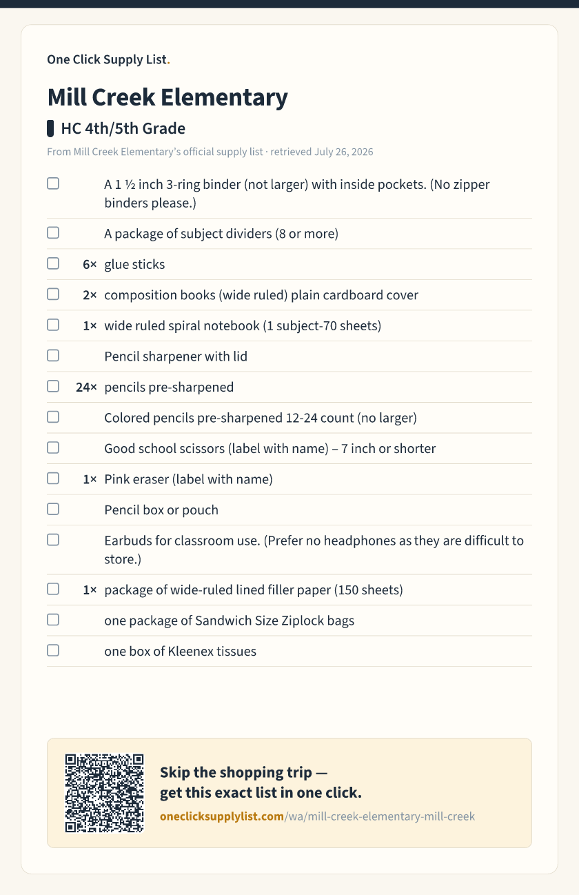 Mill Creek Elementary HC 4th/5th  Grade supply list — printable image