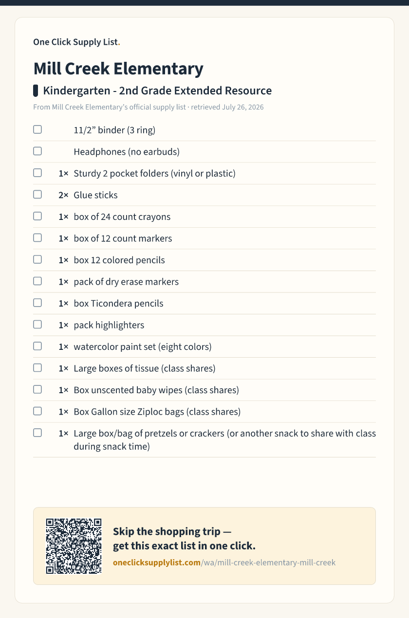Mill Creek Elementary Kindergarten - 2nd Grade Extended Resource supply list — printable image
