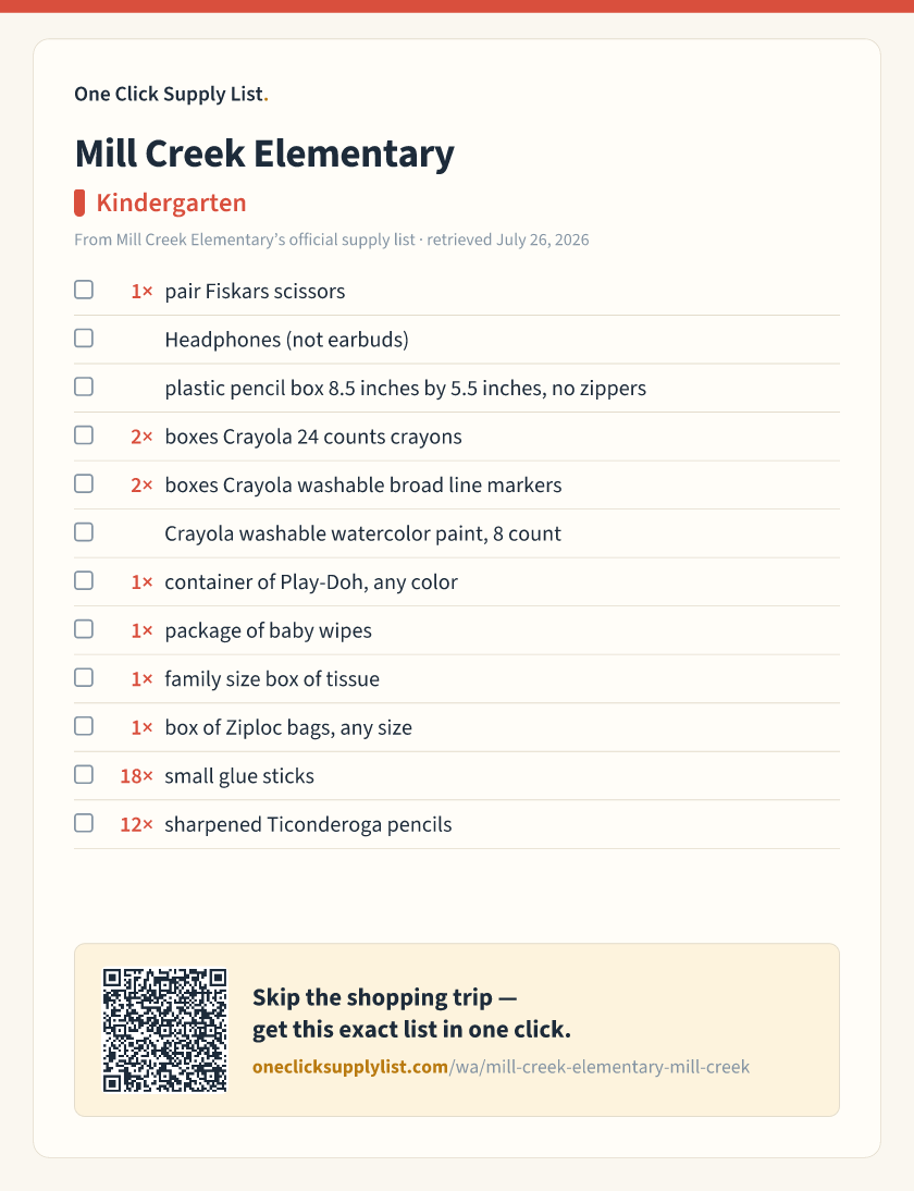 Mill Creek Elementary Kindergarten supply list — printable image