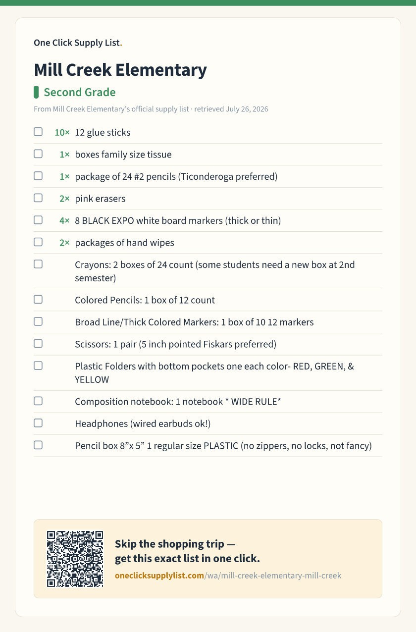 Mill Creek Elementary Second Grade supply list — printable image