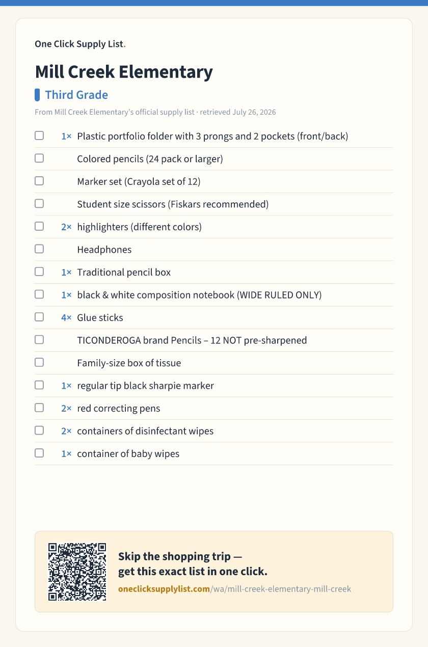Mill Creek Elementary Third Grade supply list — printable image