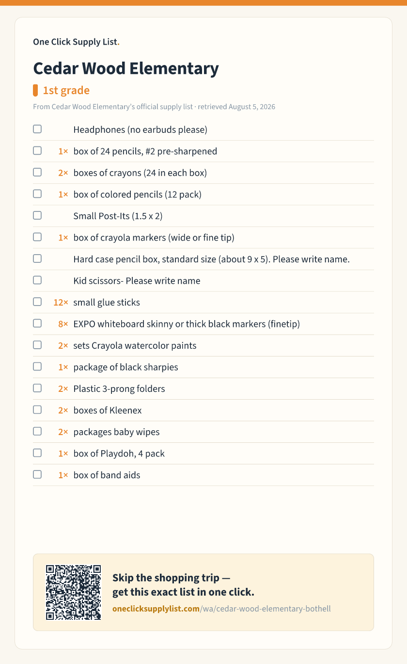Cedar Wood Elementary 1st grade supply list — printable image