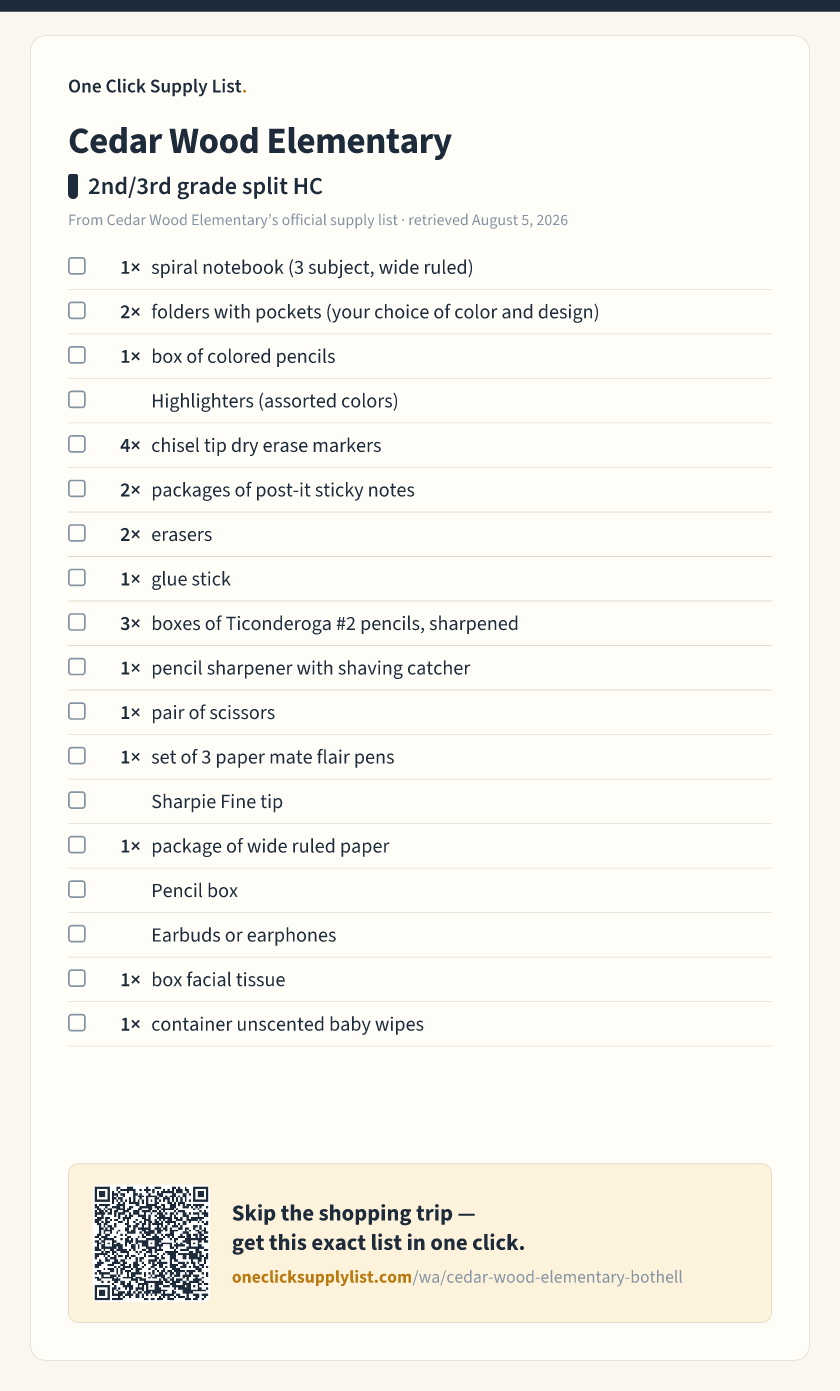 Cedar Wood Elementary 2nd/3rd grade split HC supply list — printable image
