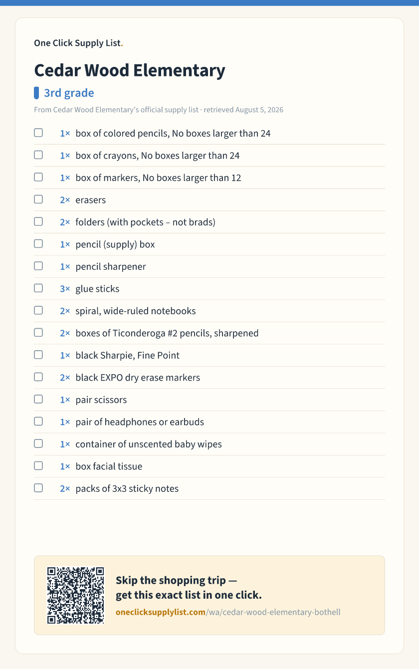Cedar Wood Elementary 3rd grade supply list — printable image