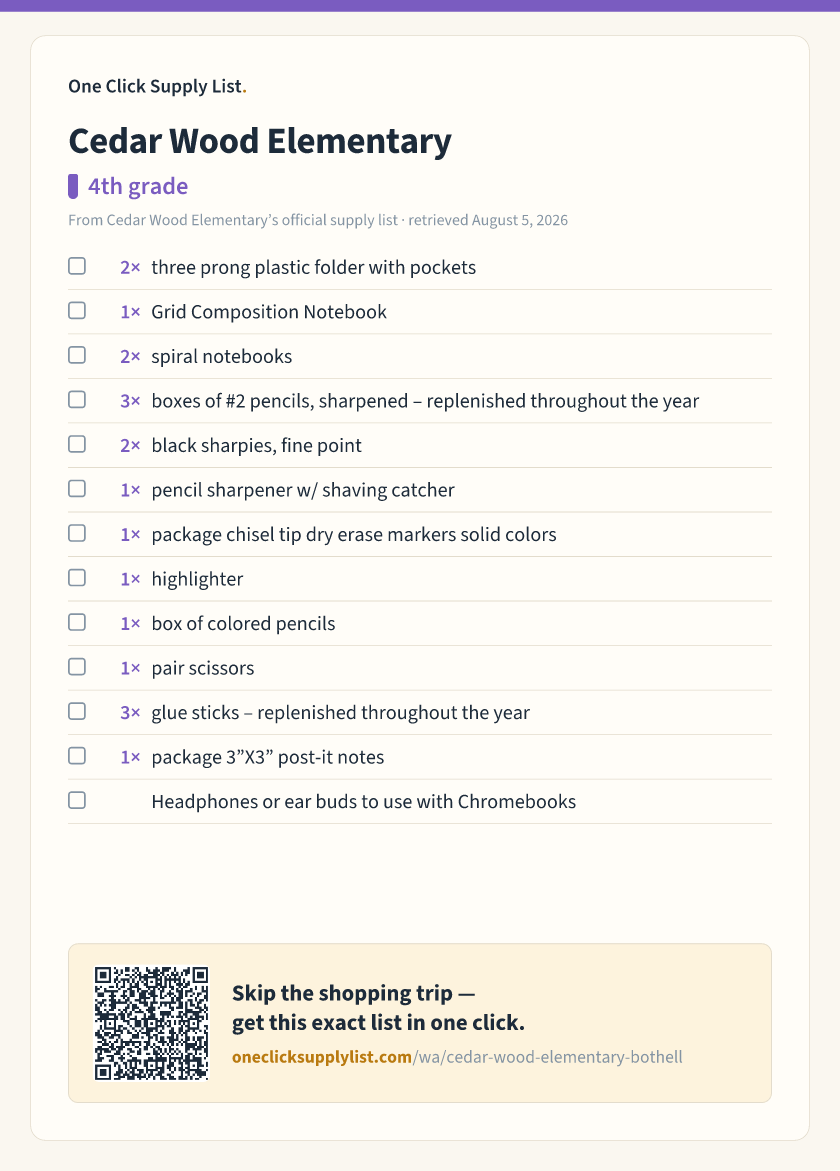 Cedar Wood Elementary 4th grade supply list — printable image