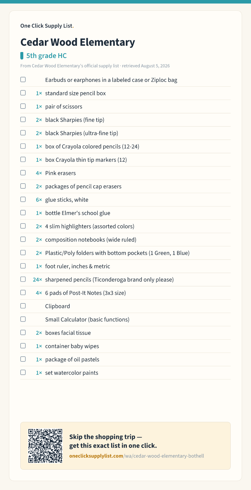 Cedar Wood Elementary 5th grade HC supply list — printable image