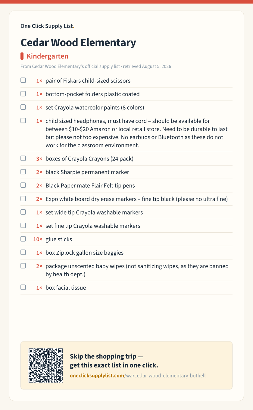 Cedar Wood Elementary Kindergarten supply list — printable image