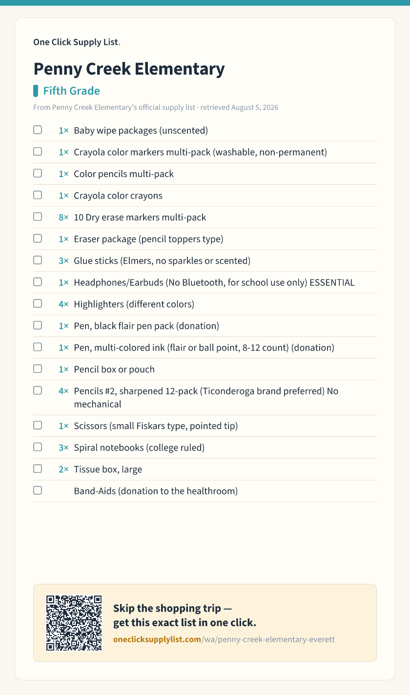 Penny Creek Elementary Fifth Grade supply list — printable image