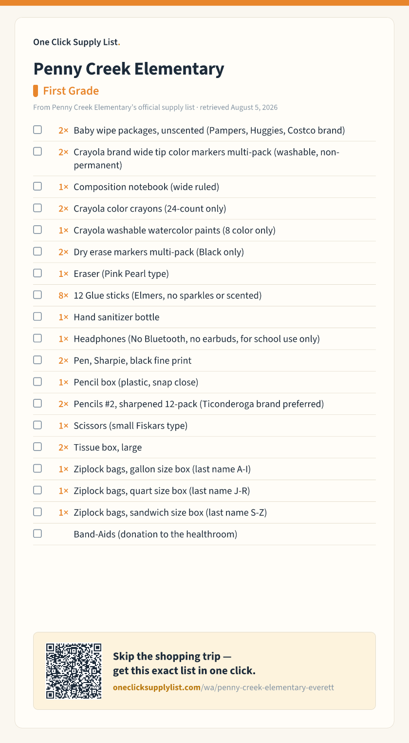 Penny Creek Elementary First Grade supply list — printable image