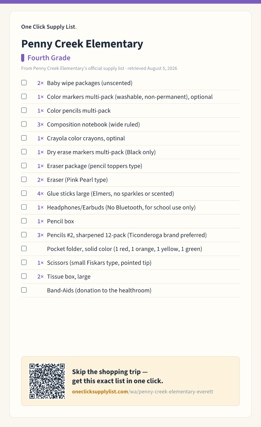 Penny Creek Elementary Fourth Grade supply list — printable image