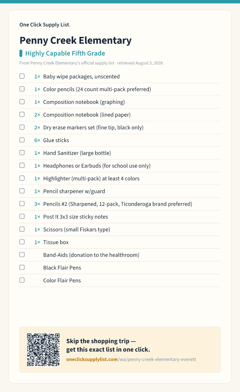 Penny Creek Elementary Highly Capable Fifth Grade supply list — printable image
