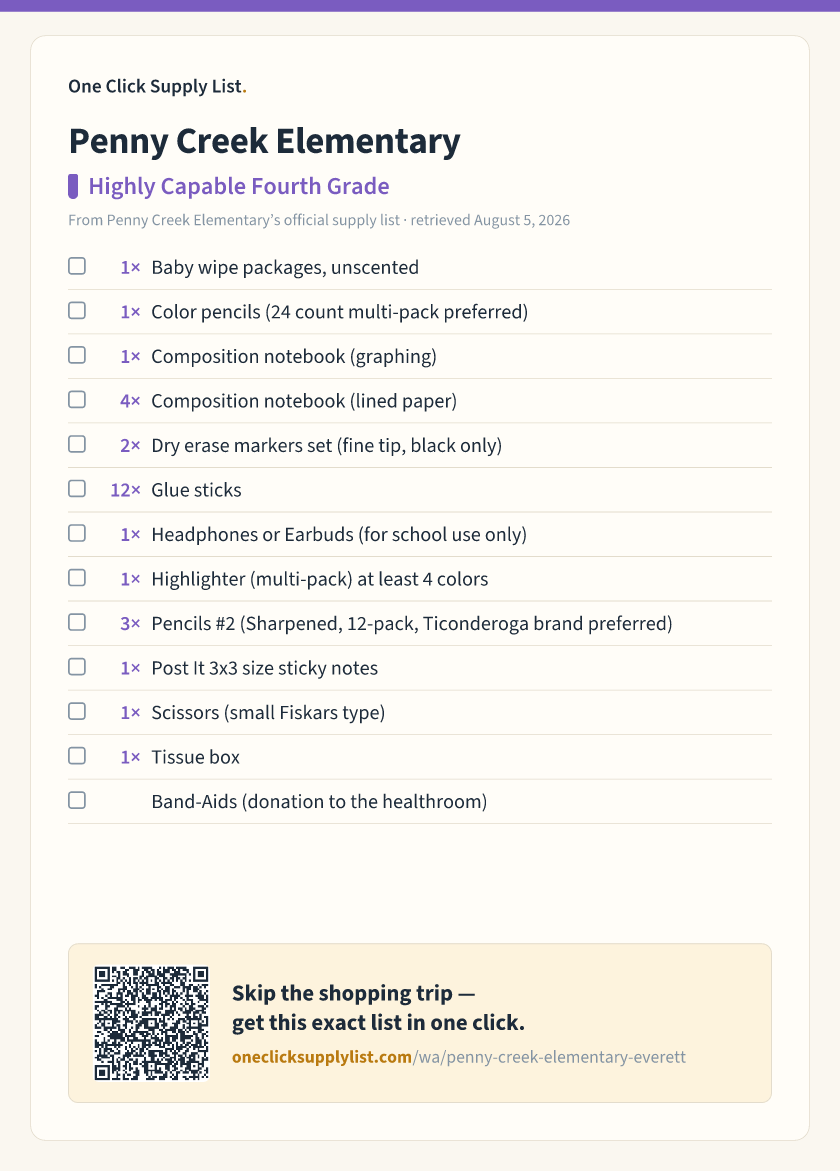 Penny Creek Elementary Highly Capable Fourth Grade supply list — printable image