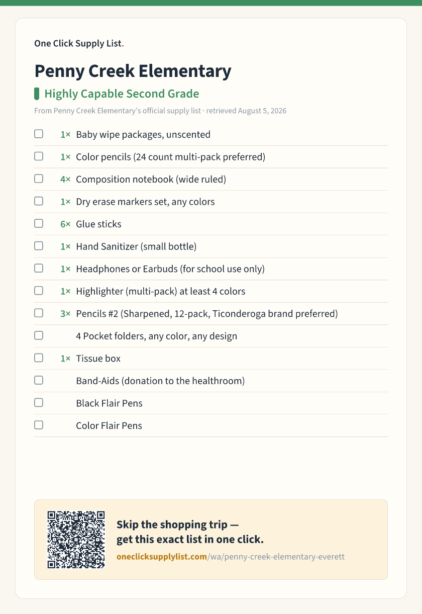 Penny Creek Elementary Highly Capable Second Grade supply list — printable image