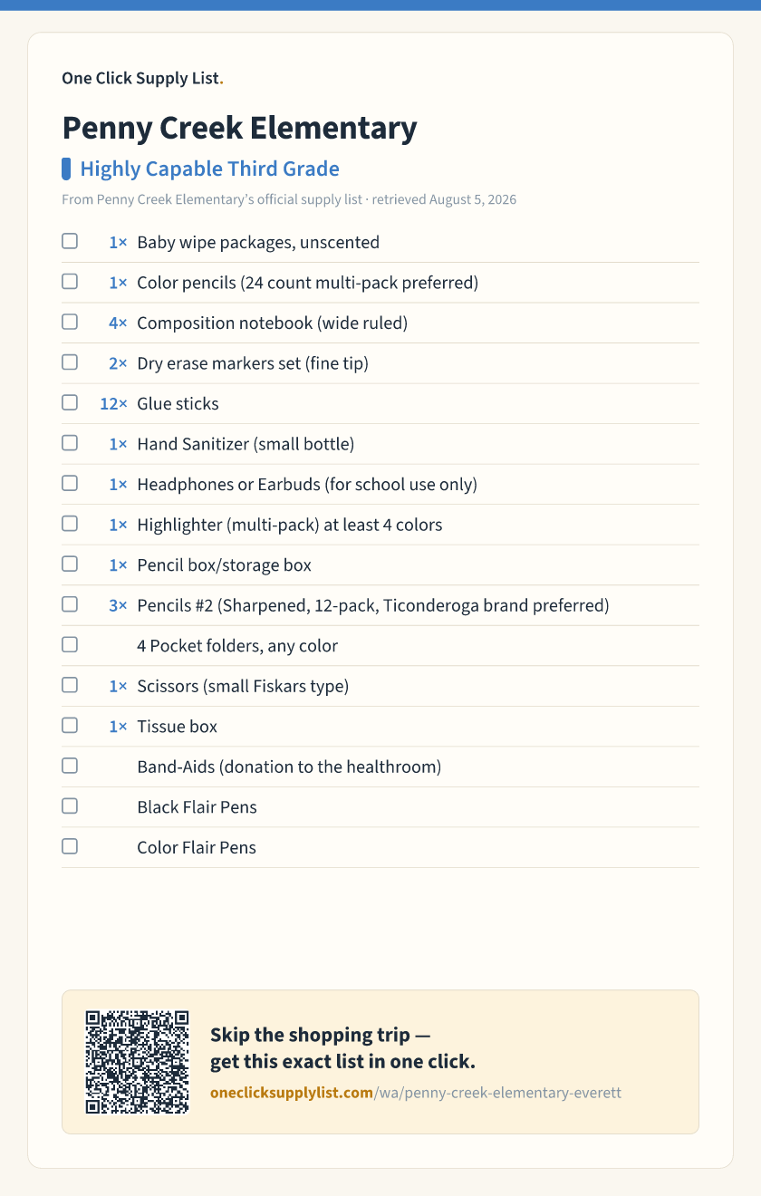 Penny Creek Elementary Highly Capable Third Grade supply list — printable image