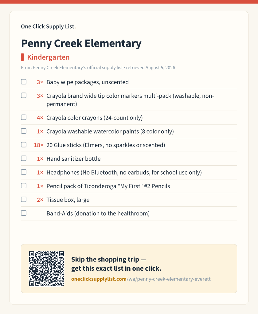 Penny Creek Elementary Kindergarten supply list — printable image